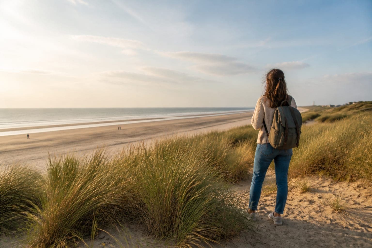 Reiziger kijkt vanaf de Nederlandse duinen uit over een breed Noordzeestrand