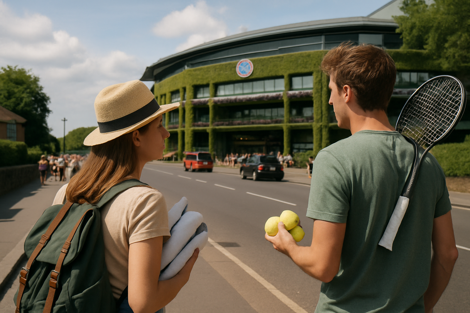 Twee tennissers in witte kleding spelen op een grasbaan voor volle tribunes in Wimbledon