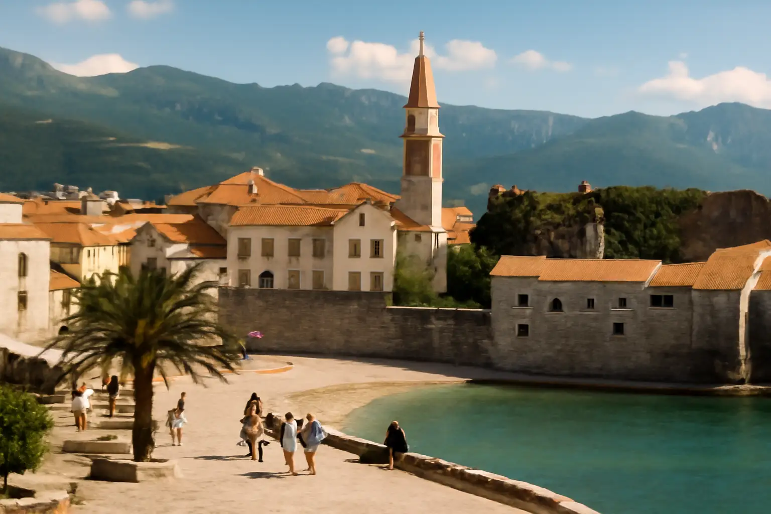 Uitzicht op Budva aan de Adriatische kust met de stad en zee in beeld