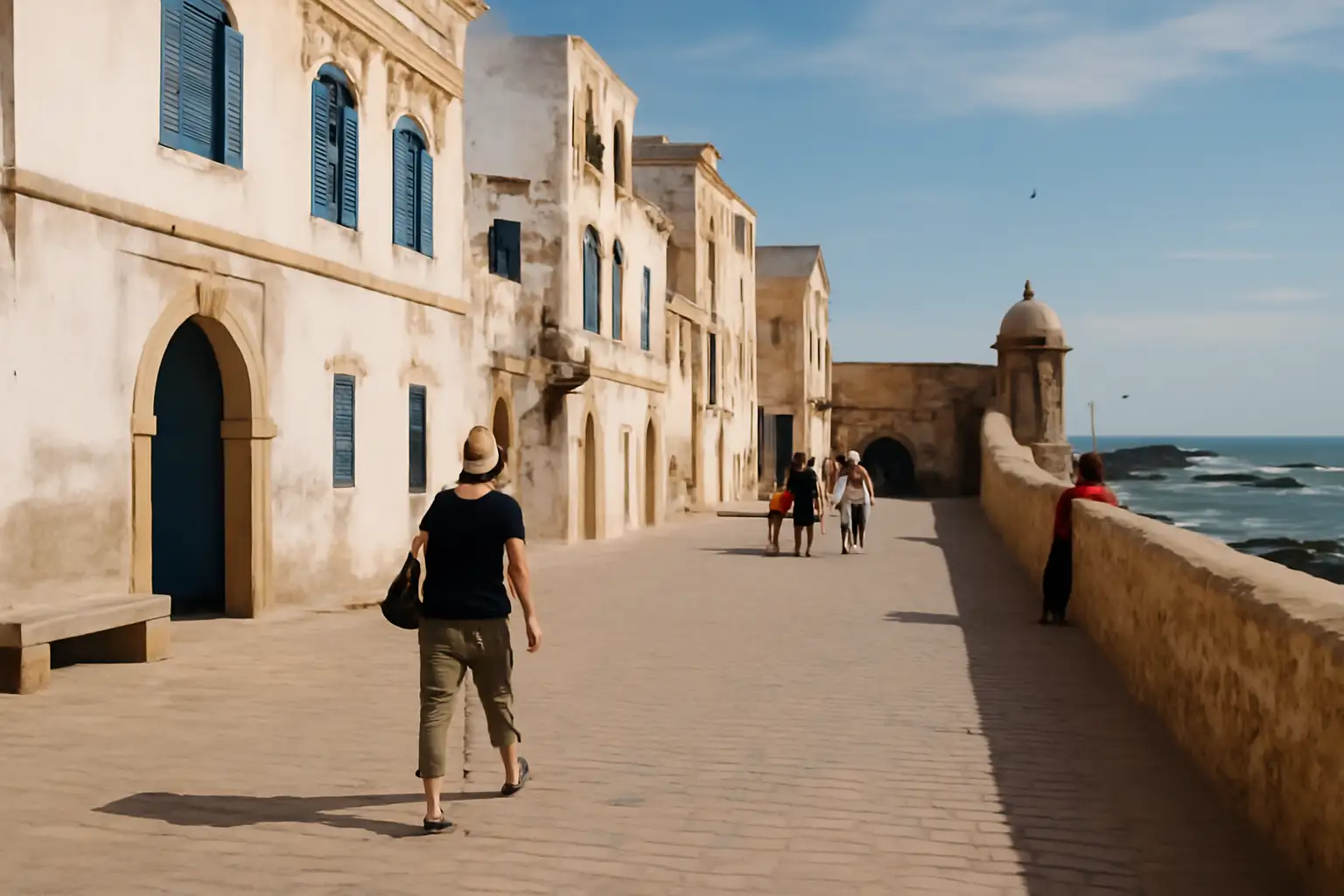 Witte straat in Essaouira met blauwe accenten en zicht op de kust