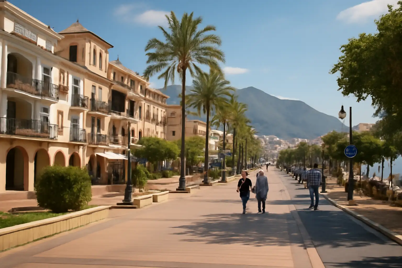 Uitzicht op Fuengirola met boulevard en kust aan zee