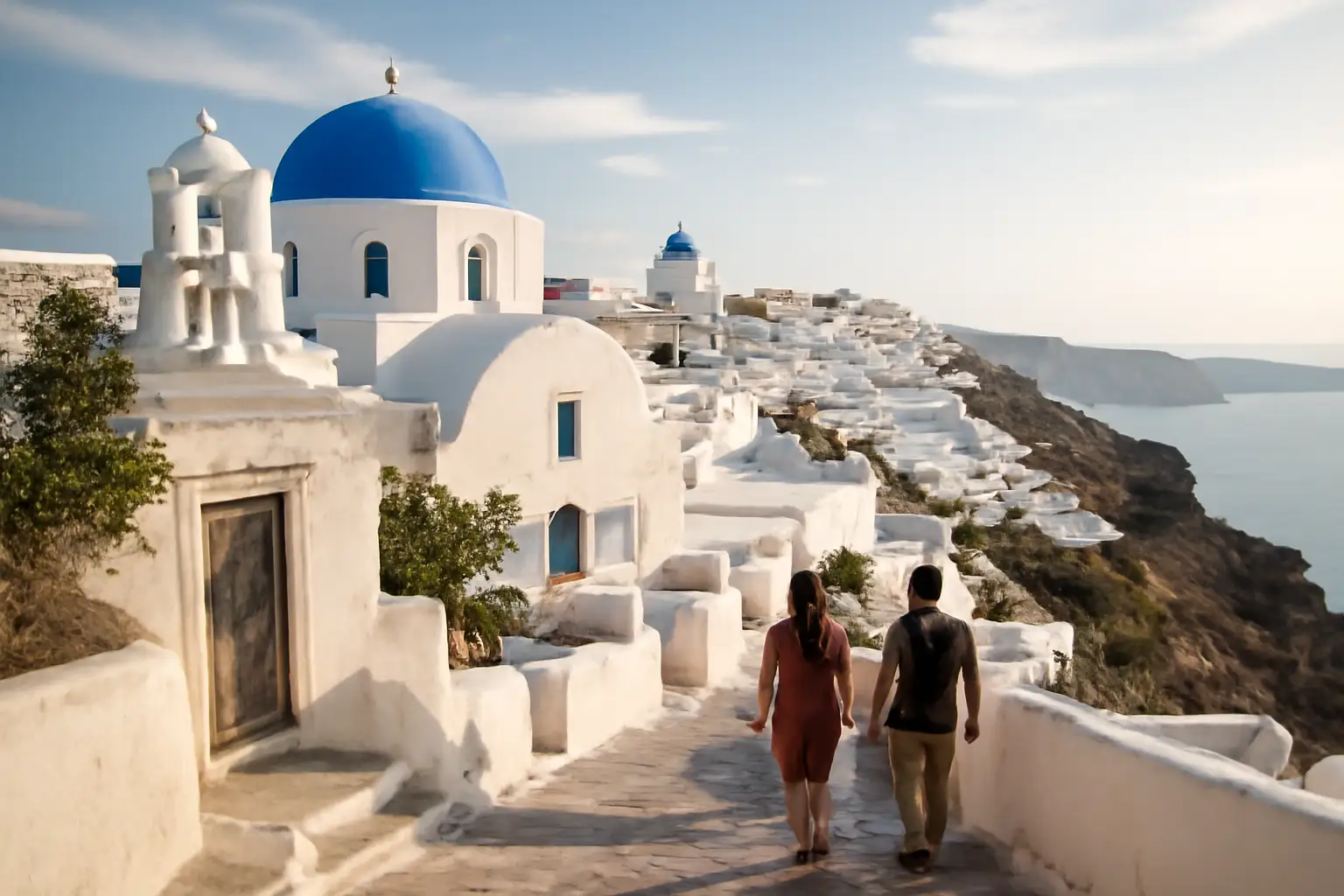 Uitzicht op Imeroviglio op Santorini met witte gebouwen en zeezicht