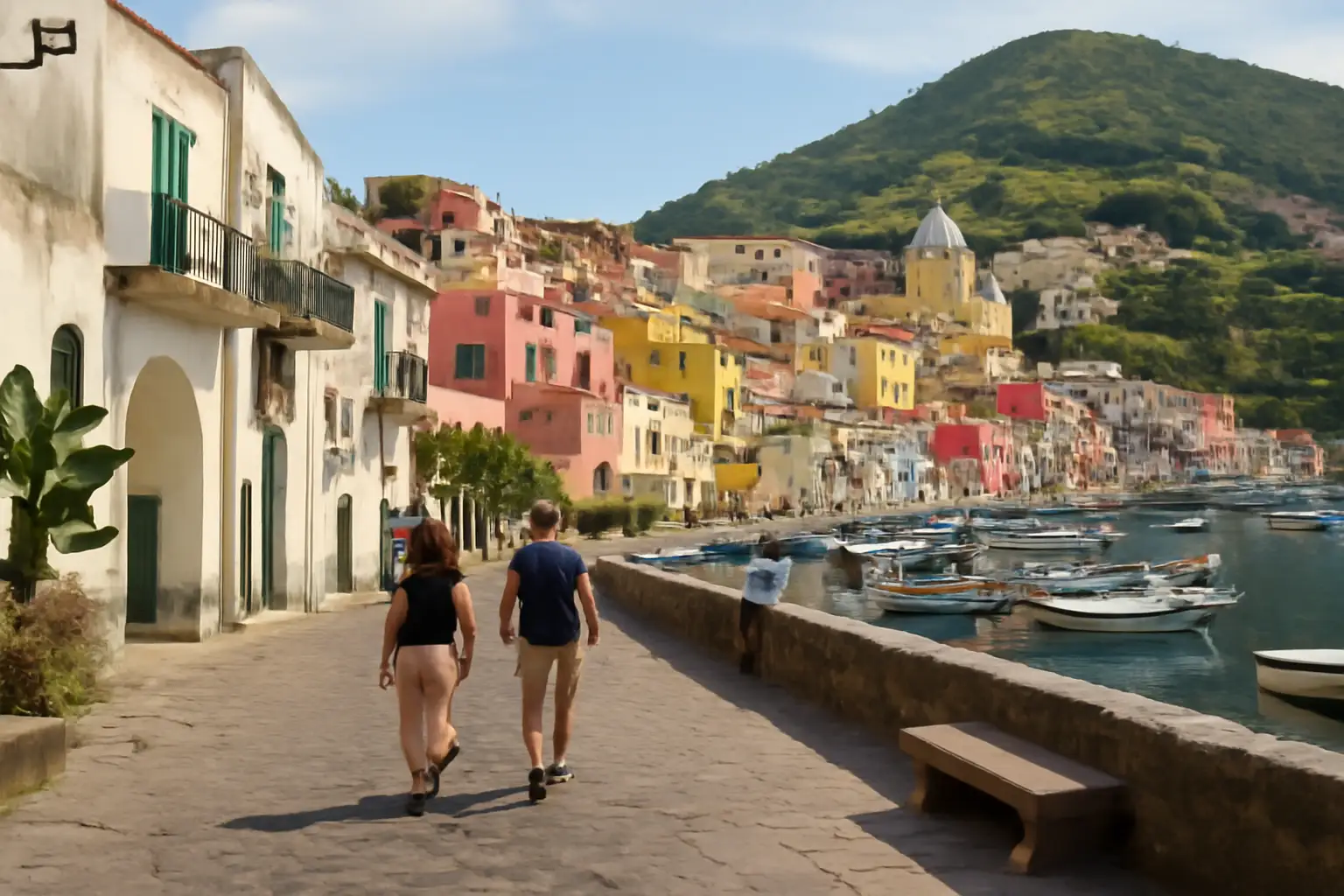Uitzicht op Ischia met zee en groene heuvels