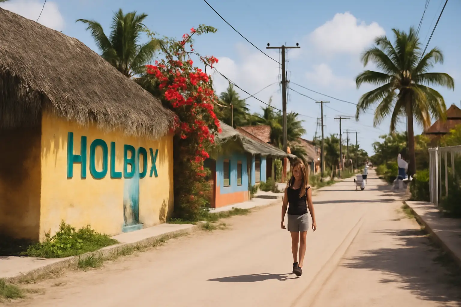 Rustige strandscène op Isla Holbox met verblijf aan zee