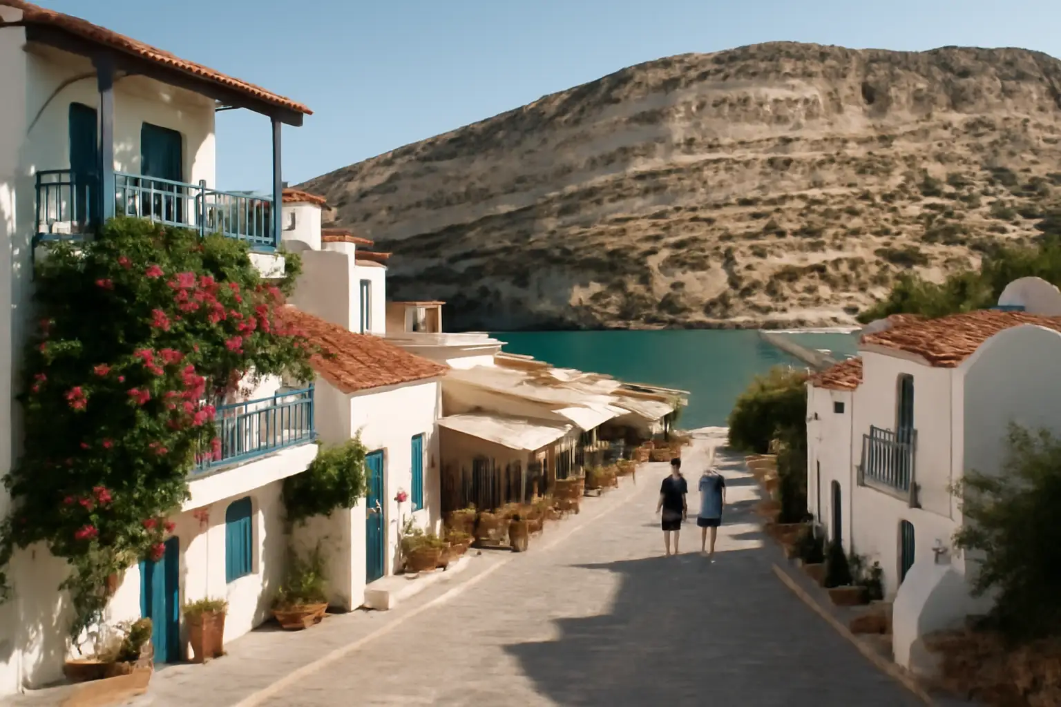 Zicht op Matala aan zee in Kreta met strand en dorp