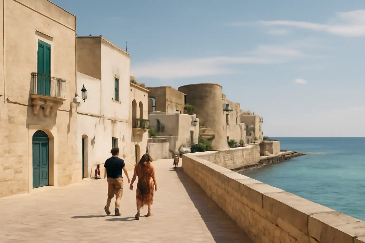 Uitzicht op Otranto aan de Adriatische kust met witgekalkte huizen en zee in de verte
