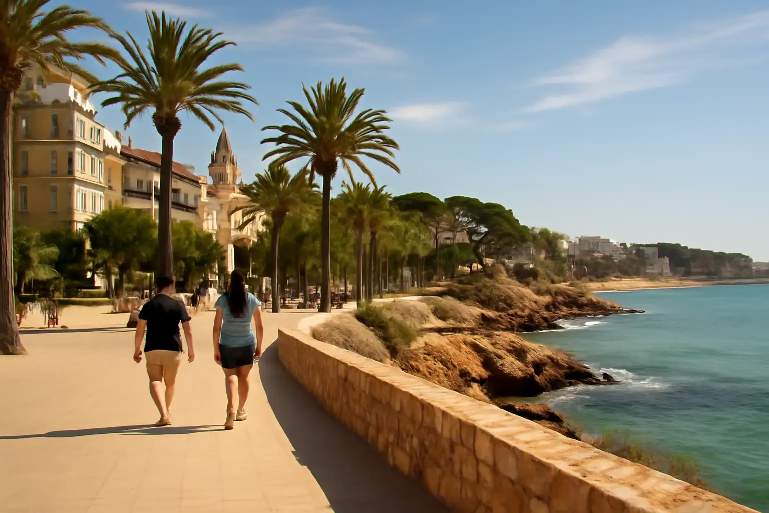 Zicht op Salou met strand, boulevard en palmen