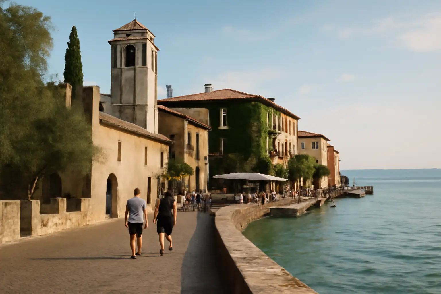 Uitzicht op Sirmione aan het Gardameer met de smalle landtong en het water rondom