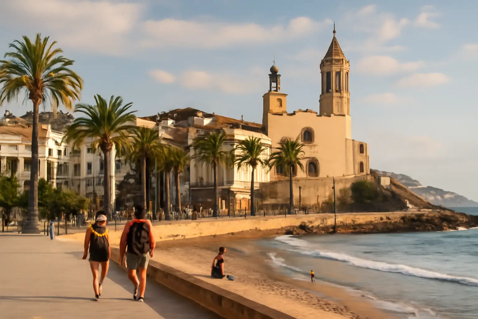 Uitzicht op Sitges met strand en bebouwing aan de kust