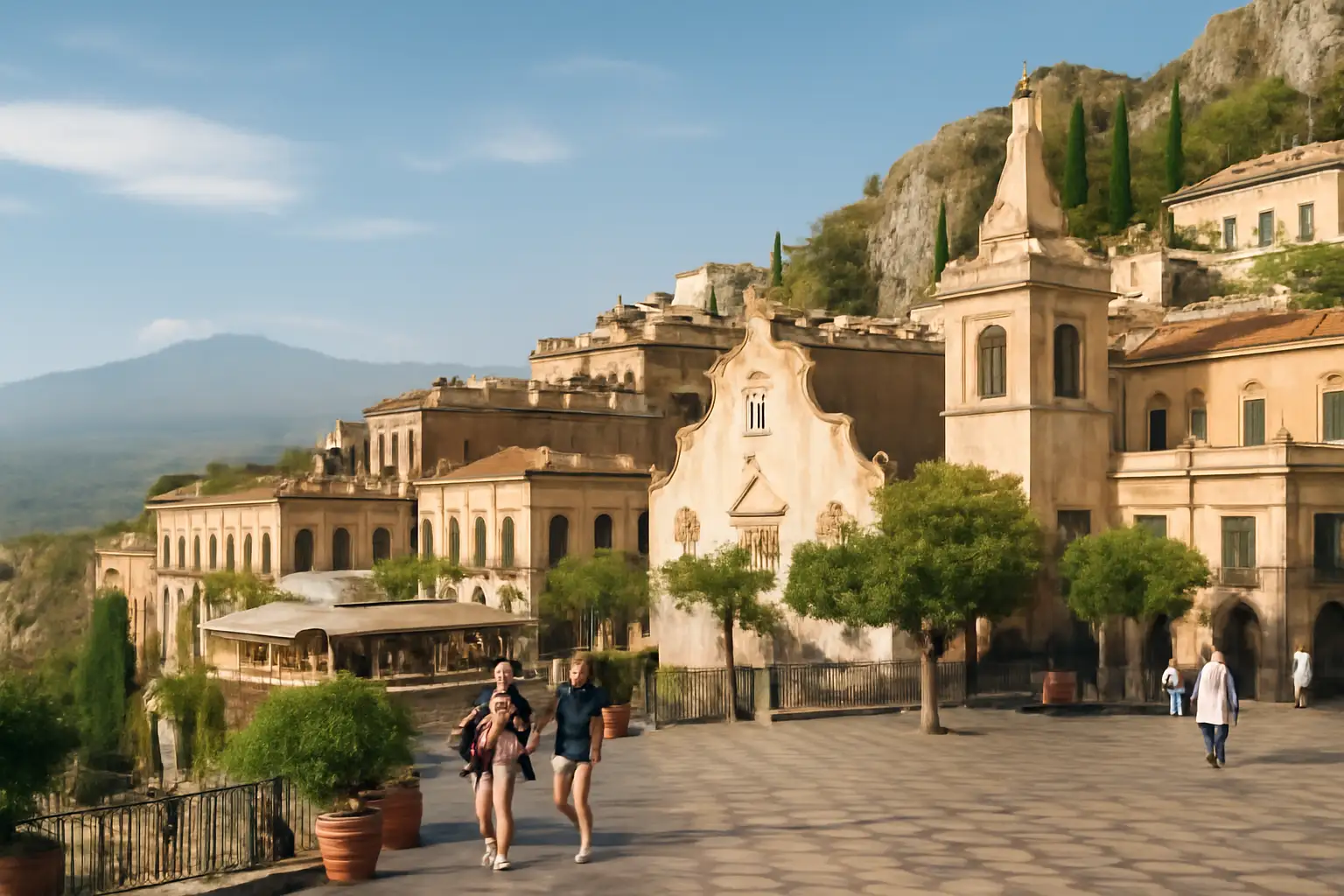 Uitzicht over Taormina met bebouwing op een heuvel en de zee op de achtergrond