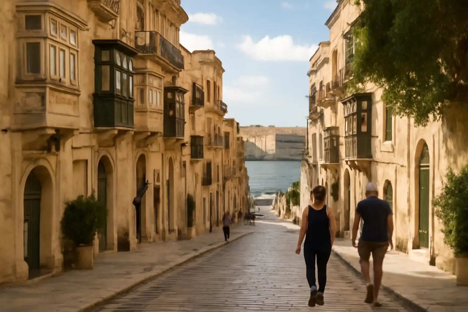 Straatbeeld in Valletta met historische gevels en een smalle straat